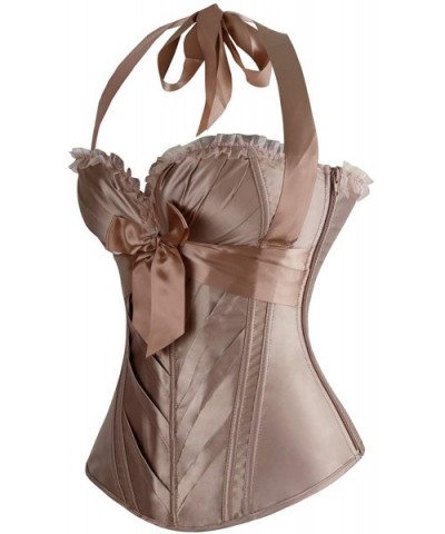 Women's Burlesque Vintage Satin Halter Boned Zipper Bustier Corset Top - Champagne - CM11OYIUHBN $38.08 Bustiers & Corsets