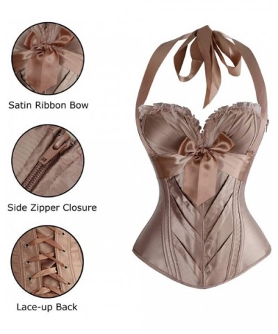 Women's Burlesque Vintage Satin Halter Boned Zipper Bustier Corset Top - Champagne - CM11OYIUHBN $38.08 Bustiers & Corsets