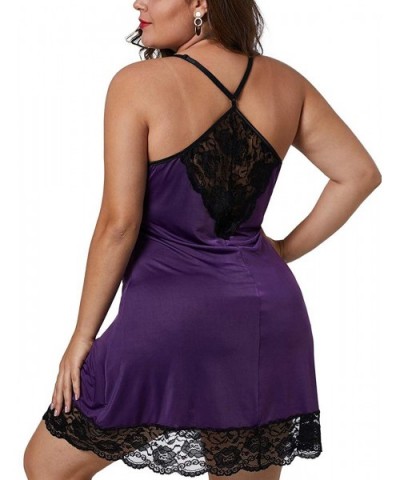 Women Plus Size Lingerie Babydoll Sexy Deep V-Neck Lace Trim Chemise Spaghetti Strap Nightgown Dress Sleepwear - Purple - CG1...