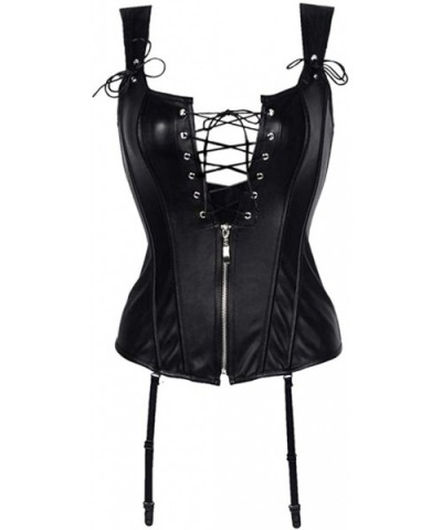 Women Lace Up Steampunk Bustier Faux Leather Zipper Plastic Gothic Corset Boned Overbust Clothing - Black - CE18TT9R308 $66.6...