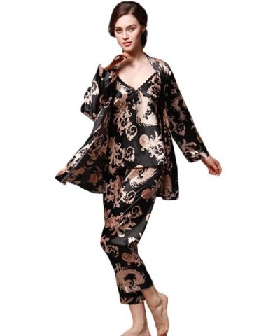 2019 Satin Kimono Robe for Women Long Sleeve Lace Trim Bathrobes Sleepwear Nightwear - Black - C018Q7SDYWU $43.72 Robes