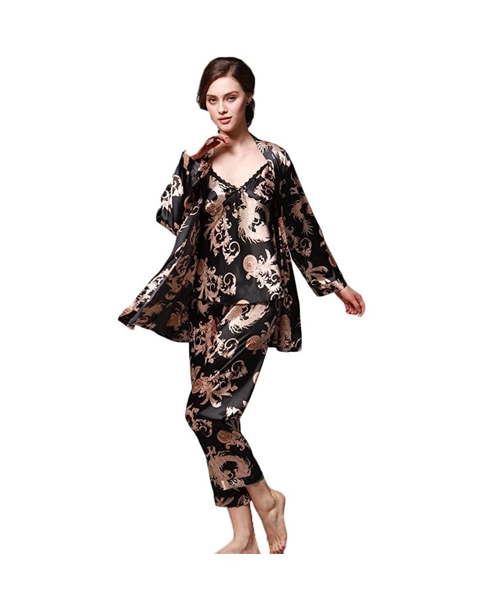 2019 Satin Kimono Robe for Women Long Sleeve Lace Trim Bathrobes Sleepwear Nightwear - Black - C018Q7SDYWU $43.72 Robes