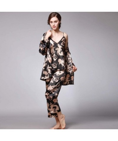 2019 Satin Kimono Robe for Women Long Sleeve Lace Trim Bathrobes Sleepwear Nightwear - Black - C018Q7SDYWU $43.72 Robes