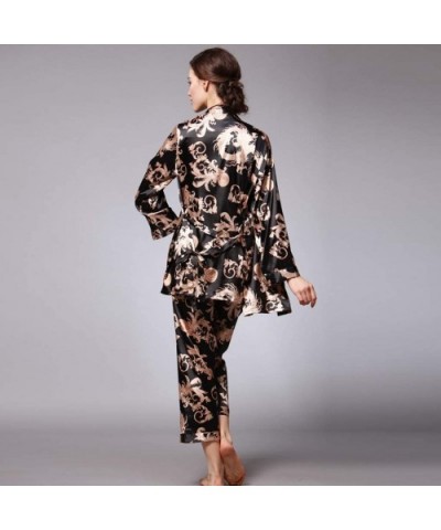 2019 Satin Kimono Robe for Women Long Sleeve Lace Trim Bathrobes Sleepwear Nightwear - Black - C018Q7SDYWU $43.72 Robes