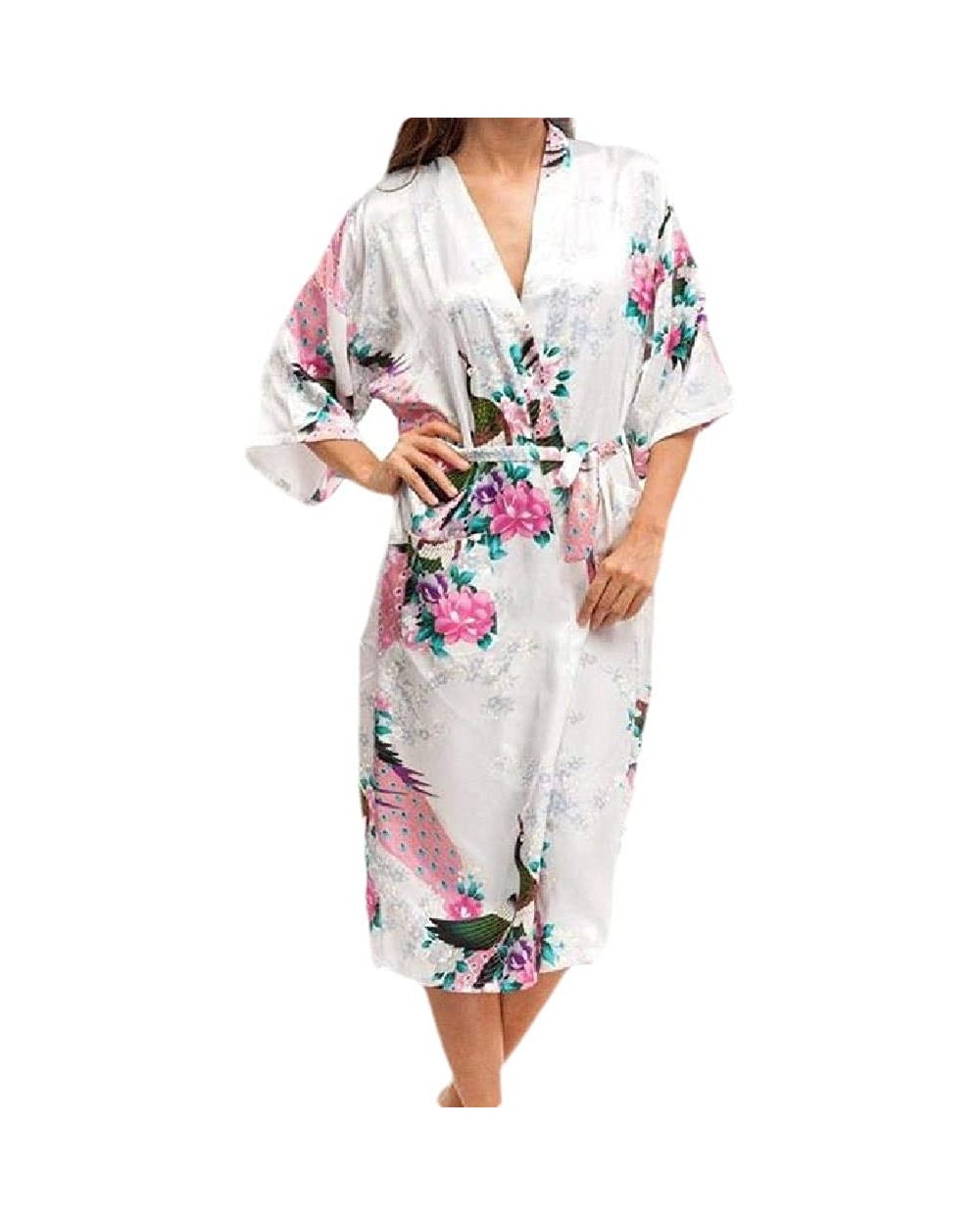 Women's Comfort Floral Printed Soft Plush Charmeuse Belted Bathrobe - White - CC199SLIX66 $41.18 Robes