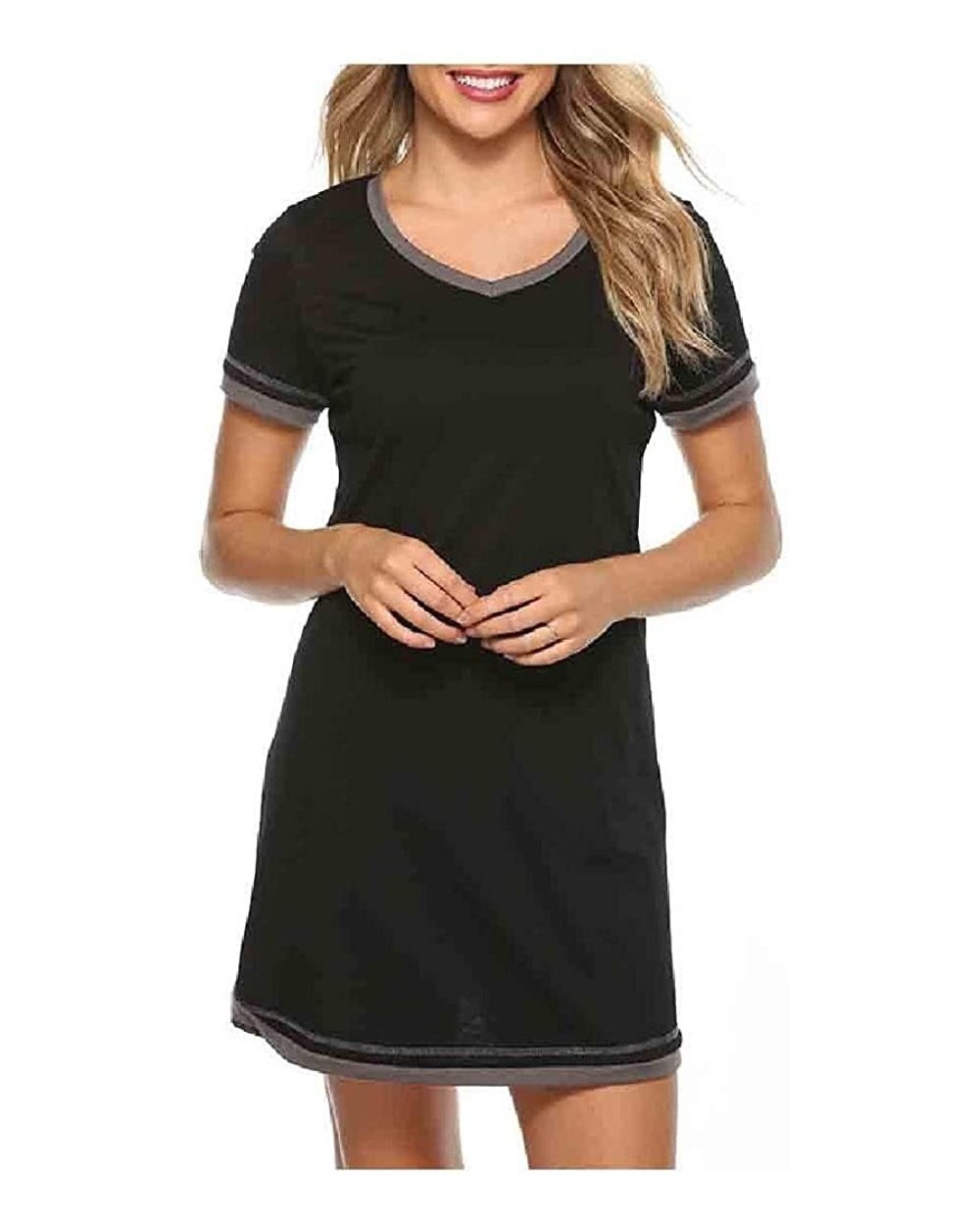 Women Comfort Short-Sleeve Round Neck Daily Contrast Sleepwear - Black - C8190E6WON7 $38.19 Nightgowns & Sleepshirts