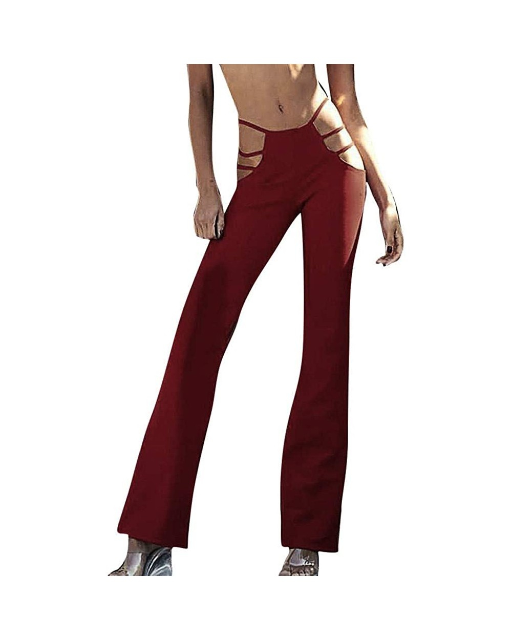 Womens Fashion Pants High Waist Cutout Solid Strappy Sexy Slim Bell-Bottomed Pants Kaicran - Red - CE18Q0QTQ29 $15.25 Bottoms