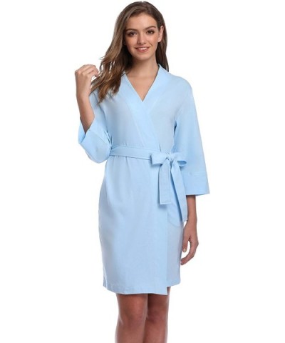 Women Cotton Robes Lightweight Spa Bathrobe Soft Knit Kimono Robes Ladies Sleepwear - Sky Blue - CZ18XUOD7SI $30.96 Robes