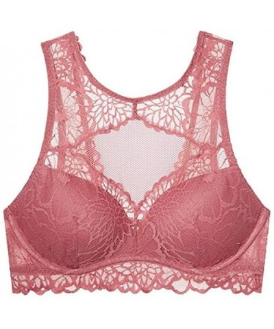 Pink Floral Lace High Neck Push-up Bralette (Medium Soft Begonia) - C217YUEAGRH $22.27 Bras