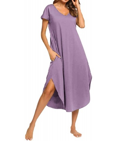 Nightgowns for Women Long/Short Sleeve Sleepshirt Plain Nightdress V Neck Sleepwear Dress with Irregular Hem B purple - CT193...