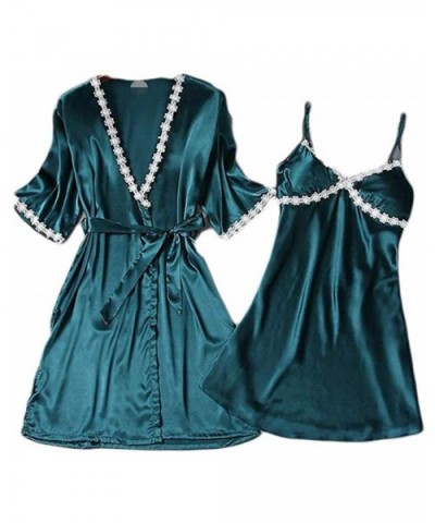 Women Sexy Silk Satin Robe Camisole Pajama Dress Two Piece Suit Lady's Lace Nightgown Robe Set Babydoll Sleepwear - Dark Gree...