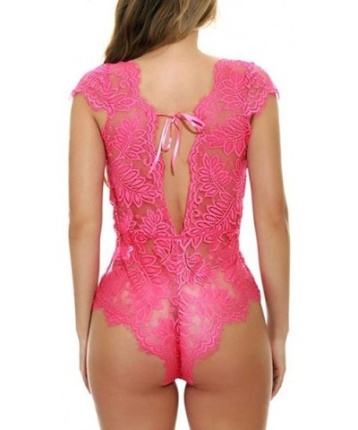 Women One Piece Lingerie Deep V Teddy Lace Bodysuit Mini Babydoll - Hot Pink - CY1936CAAKD $29.14 Bras