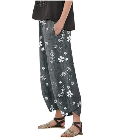 Women Cotton Linen Plus Size Loose Casual Straight Leg Pants Floral Print Elastic Waist Lounge Ankle Pants Pockets - Dark Gra...