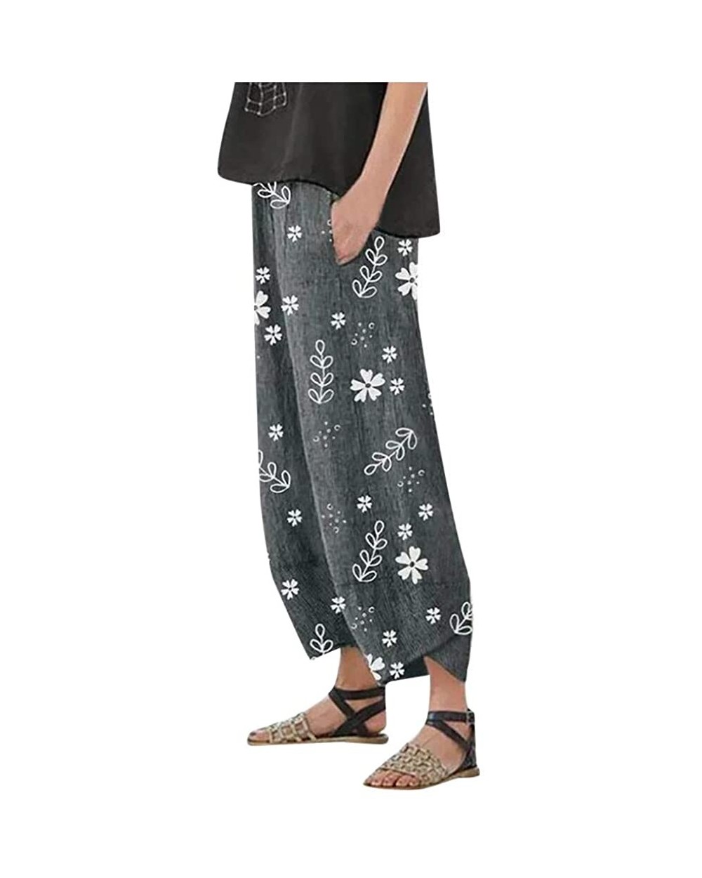 Women Cotton Linen Plus Size Loose Casual Straight Leg Pants Floral Print Elastic Waist Lounge Ankle Pants Pockets - Dark Gra...