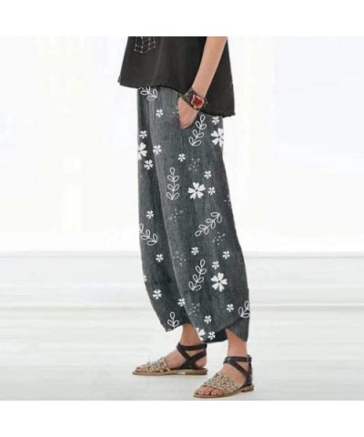 Women Cotton Linen Plus Size Loose Casual Straight Leg Pants Floral Print Elastic Waist Lounge Ankle Pants Pockets - Dark Gra...