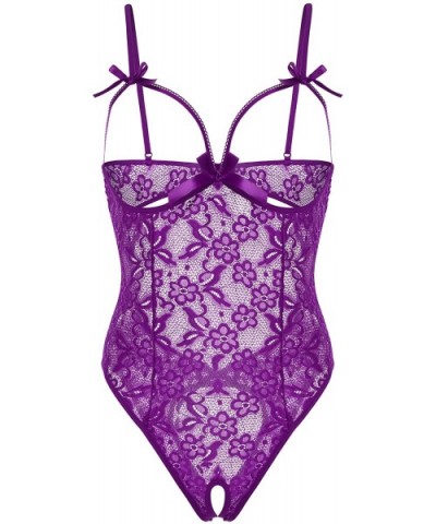 Women Teddy Lingerie One Piece Lace Babydoll Bodysuit Nightie Dark Red - Purple - CK18W4336NZ $29.30 Baby Dolls & Chemises