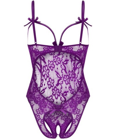 Women Teddy Lingerie One Piece Lace Babydoll Bodysuit Nightie Dark Red - Purple - CK18W4336NZ $29.30 Baby Dolls & Chemises