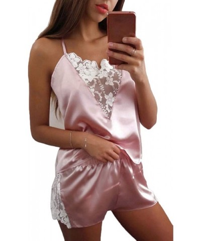 Womens Satin Pajamas Set Lace Cami Shorts Set Sexy Lingerie 2 Piece Pj Set Nightwear Sleepwear Loungewear 1 Pink - CJ198N85XZ...