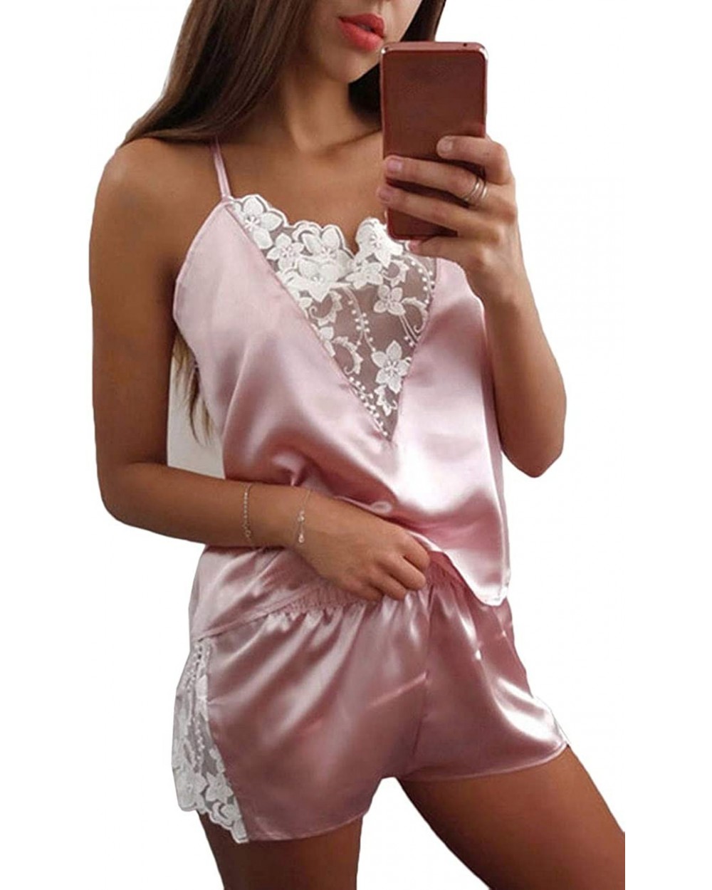 Womens Satin Pajamas Set Lace Cami Shorts Set Sexy Lingerie 2 Piece Pj Set Nightwear Sleepwear Loungewear 1 Pink - CJ198N85XZ...