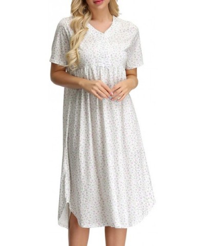 Womens Cotton Nightgown Button Front Floral Shirt for Sleep Nightdress with Bow - 1*white - CD18ONXWDNZ $26.18 Nightgowns & S...