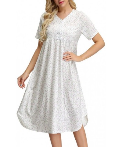 Womens Cotton Nightgown Button Front Floral Shirt for Sleep Nightdress with Bow - 1*white - CD18ONXWDNZ $26.18 Nightgowns & S...