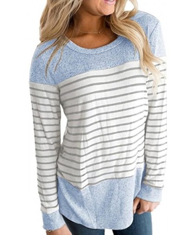 Women Long Sleeve Round Neck Blouse Color Block Striped Casual Tops T Shirt - Light Blue - C718C0UOSXD $30.04 Tops