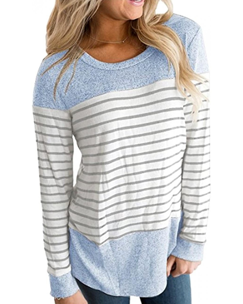 Women Long Sleeve Round Neck Blouse Color Block Striped Casual Tops T Shirt - Light Blue - C718C0UOSXD $30.04 Tops