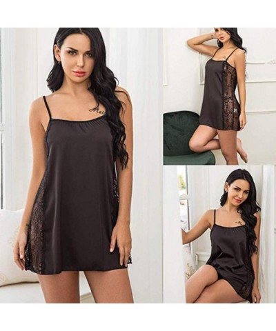 Women Satin Silk Cami Nightwear Lingerie Sleepwear Sexy Lingerie Side Lace Chemise Nightgown Comfy Soft Pajamas Black - CA192...