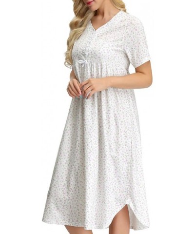 Womens Cotton Nightgown Button Front Floral Shirt for Sleep Nightdress with Bow - 1*white - CD18ONXWDNZ $26.18 Nightgowns & S...