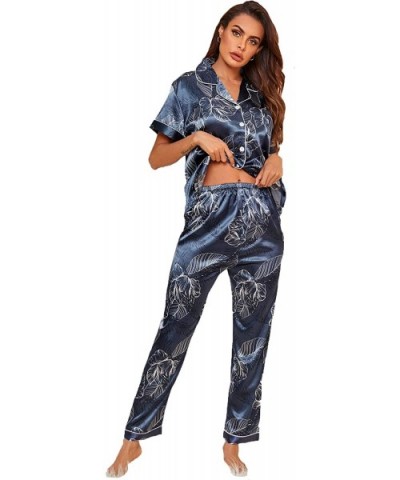 Women's V Neck Pocket Contrast Binding Satin Button Up Pajama Set - Tropical Print Navy - CV190RCISWL $30.07 Sets