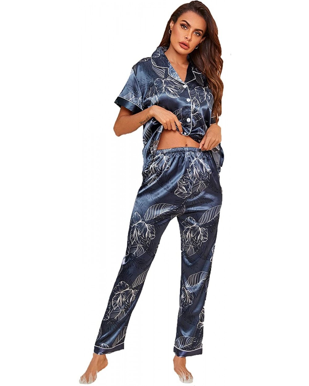 Women's V Neck Pocket Contrast Binding Satin Button Up Pajama Set - Tropical Print Navy - CV190RCISWL $30.07 Sets