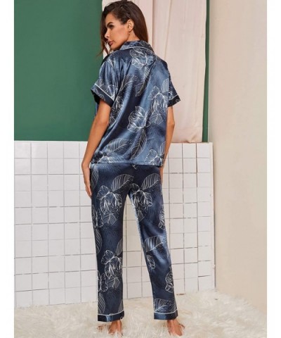 Women's V Neck Pocket Contrast Binding Satin Button Up Pajama Set - Tropical Print Navy - CV190RCISWL $30.07 Sets