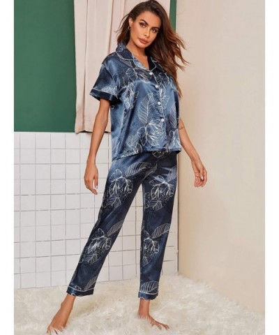 Women's V Neck Pocket Contrast Binding Satin Button Up Pajama Set - Tropical Print Navy - CV190RCISWL $30.07 Sets