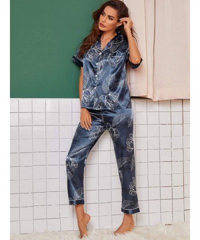 Women's V Neck Pocket Contrast Binding Satin Button Up Pajama Set - Tropical Print Navy - CV190RCISWL $30.07 Sets