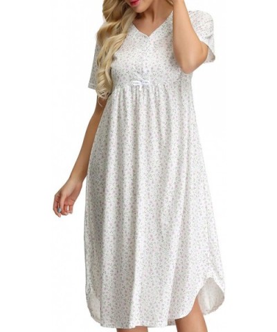 Womens Cotton Nightgown Button Front Floral Shirt for Sleep Nightdress with Bow - 1*white - CD18ONXWDNZ $26.18 Nightgowns & S...