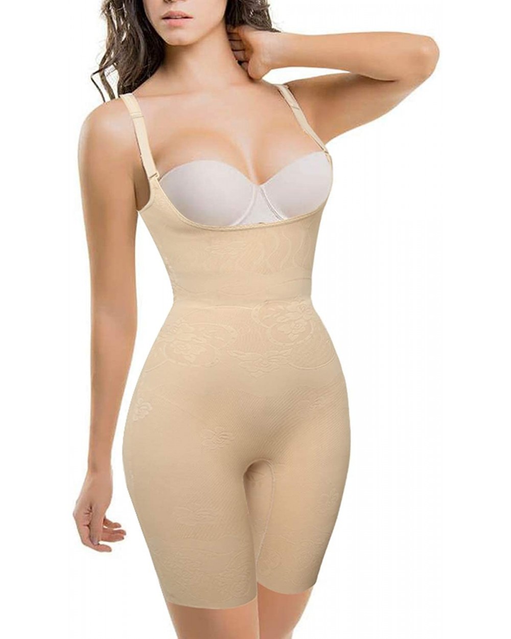 Women Open Bust Bodysuit Shapewear Tummy Control Bodysuit Body Shaper Mid Thigh Slimming Bodysuit - Beige-open Butt - CA18Y4A...