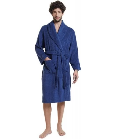 Men's Robe Terry Cotton Bathrobe Shawl Collar Soft Shower Bath Robes Calf Length Loungewear for Spa Hot Tub Sauna - Navy - CT...