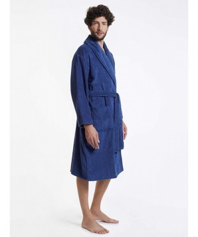 Men's Robe Terry Cotton Bathrobe Shawl Collar Soft Shower Bath Robes Calf Length Loungewear for Spa Hot Tub Sauna - Navy - CT...