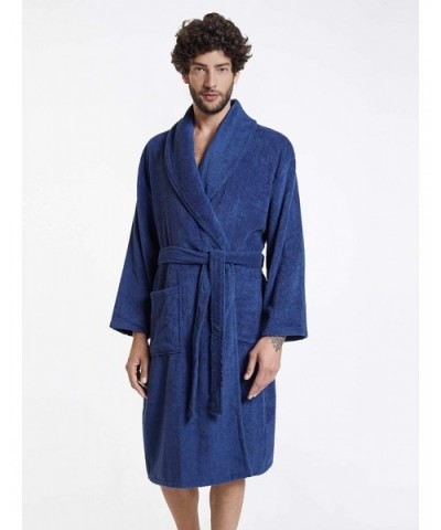 Men's Robe Terry Cotton Bathrobe Shawl Collar Soft Shower Bath Robes Calf Length Loungewear for Spa Hot Tub Sauna - Navy - CT...