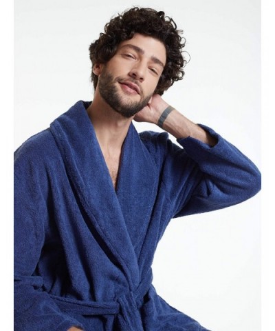 Men's Robe Terry Cotton Bathrobe Shawl Collar Soft Shower Bath Robes Calf Length Loungewear for Spa Hot Tub Sauna - Navy - CT...