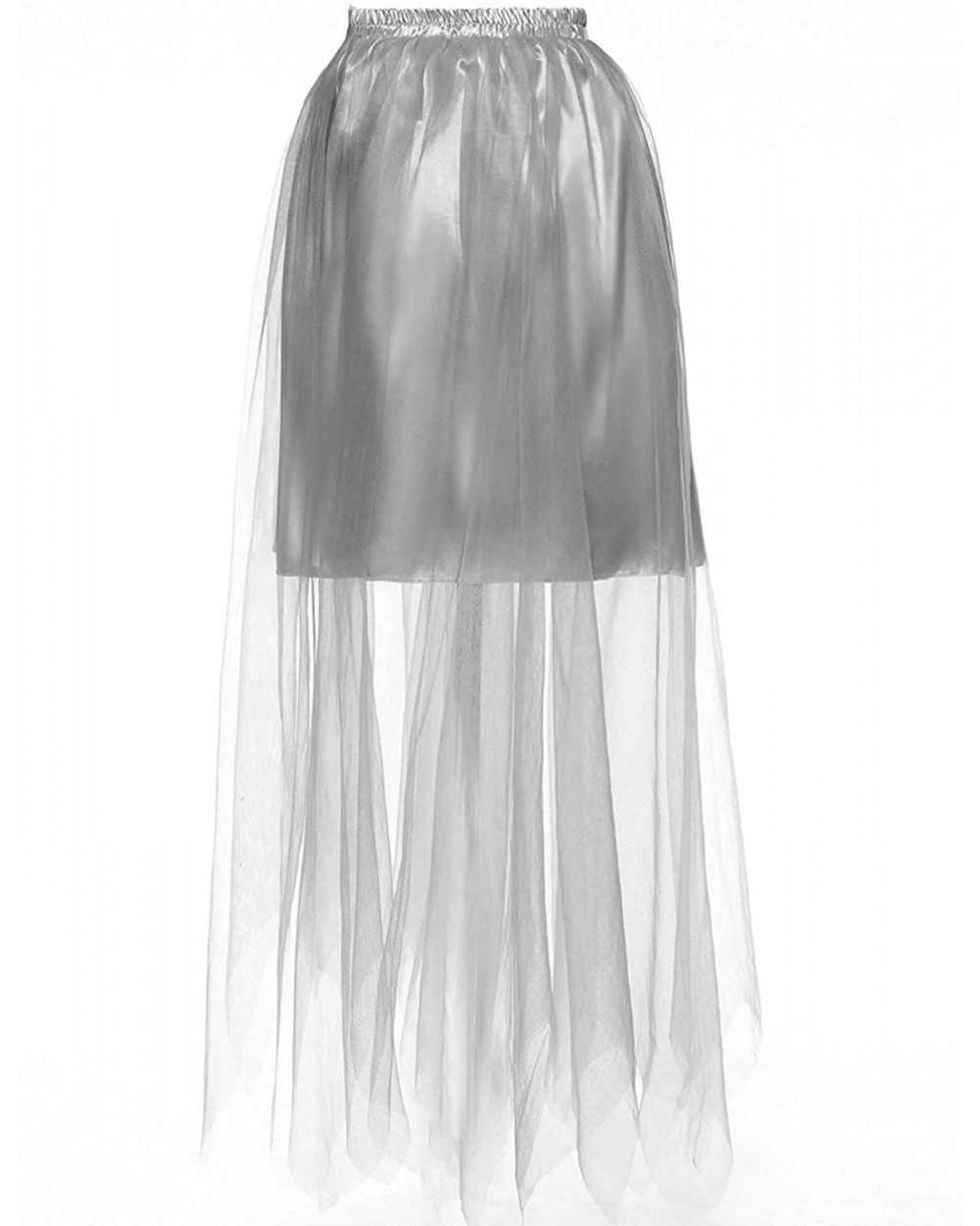 Women's Long Petticoat Skirt Hoopless Satin Slip Sheer Mesh Full Length - Silver - CA18D627E8S $41.33 Slips