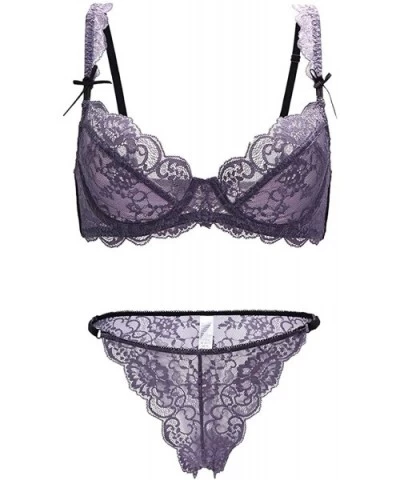 Women Lace Unlined Bra Sexy Non-Padded Underwire Bra and Panty 2 Piece Set - Purple - CD18ULSTZ8Q $35.73 Bras