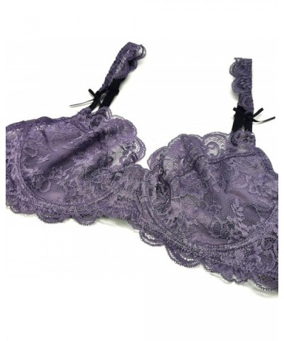 Women Lace Unlined Bra Sexy Non-Padded Underwire Bra and Panty 2 Piece Set - Purple - CD18ULSTZ8Q $35.73 Bras