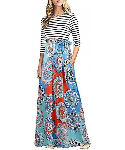 Women's Dress Long Sleeve Boho Halter Jumpsuit Stripe Long Sleeve High Waist Boho Long Maxi Dresses with Pockets - Blue -1 - ...