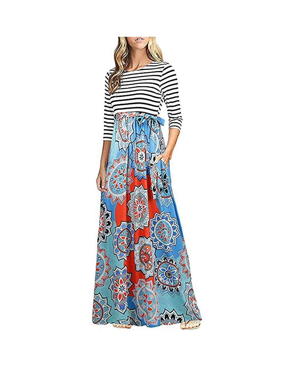 Women's Dress Long Sleeve Boho Halter Jumpsuit Stripe Long Sleeve High Waist Boho Long Maxi Dresses with Pockets - Blue -1 - ...