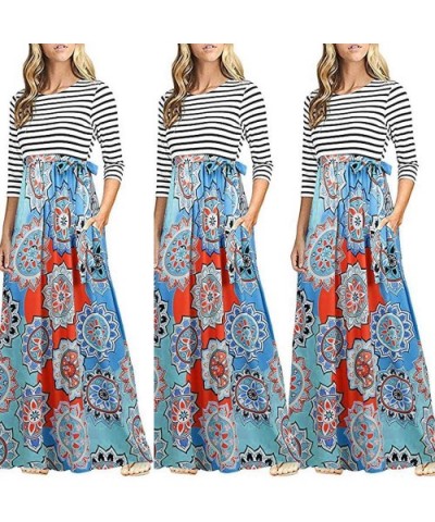 Women's Dress Long Sleeve Boho Halter Jumpsuit Stripe Long Sleeve High Waist Boho Long Maxi Dresses with Pockets - Blue -1 - ...