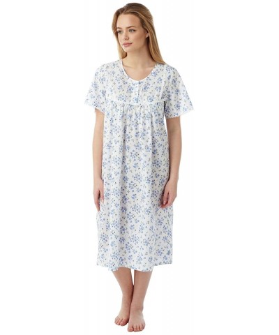 Ladies Poly Cotton Short Sleeve Nightdress Nightie MN11 - Blue Sprig - CR17XMIXTAL $25.77 Nightgowns & Sleepshirts