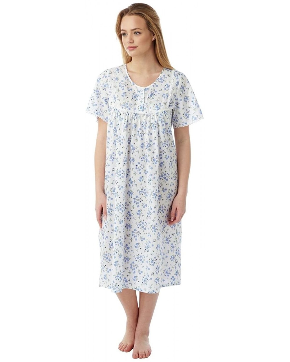 Ladies Poly Cotton Short Sleeve Nightdress Nightie MN11 - Blue Sprig - CR17XMIXTAL $25.77 Nightgowns & Sleepshirts