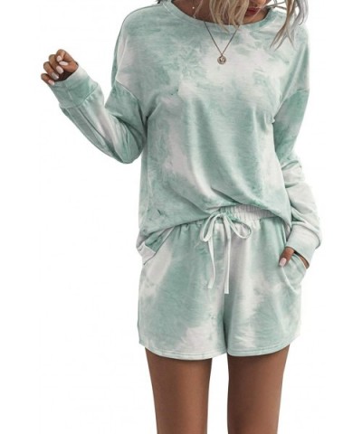 Women Tie-dye Lounge Set Long Sleeve Sweatshirt Tops with Shorts Pajamas Set Loungewear - Mint - CA19CD4N2AD $50.97 Sets