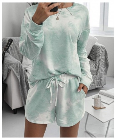 Women Tie-dye Lounge Set Long Sleeve Sweatshirt Tops with Shorts Pajamas Set Loungewear - Mint - CA19CD4N2AD $50.97 Sets